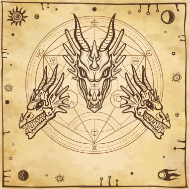 Mistik çizim: bir ejderha animasyon başkanı. Uzay sembolleri, simya çemberi dönüşümleri. Sihir, ezoterik, okültizm, peri masalı. Arka plan - antik kağıt taklidi. Vektör çizimi.