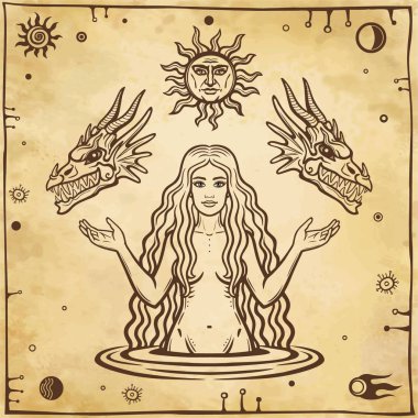 mistik çizim: güzel tanrıça ejderha başlarını tutar. Uzay sembolleri, simya çemberi dönüşümleri. Sihir, ezoterik, okültizm, peri masalı. Arka plan - antik kağıt taklidi. 