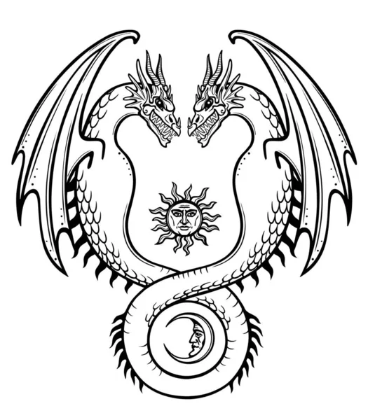 神秘的な描画 ダブルドラゴン ウロボロス 2頭のヘビ 錬金術 オカルト おとぎ話 太陽と月のシンボル 白い背景に分離されたベクトルイラストレーション — ストックベクタ