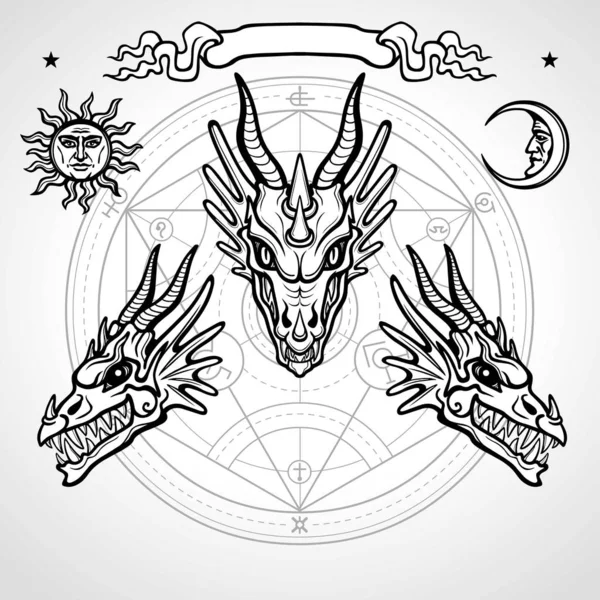 Mystical Drawing Animation Head Dragon Symbols Sun Moon Vignette Alchemy — Stock Vector