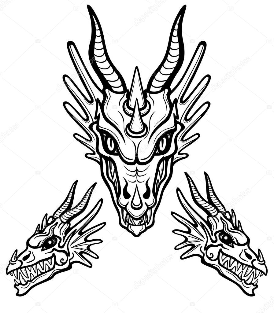 Mystical drawing: animation head of a dragon. Frontal and profile view. Alchemy, magic, esoterics, occultism, fairy tale.Vector illustration isolated on a white background. Print, poster, t-shirt