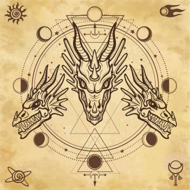 Mistik çizim: bir ejderha animasyon başkanı. Uzay sembolleri. Ayın daire evresi. Sihir, ezoterik, okültizm, peri masalı. Arka plan - antik kağıt taklidi. Vektör çizimi.