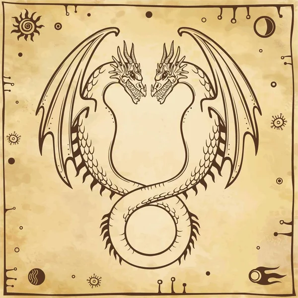 神秘的な描画 ダブルドラゴン ウロボロス 2頭のヘビ 錬金術 オカルト おとぎ話 スペース シンボル 古い紙の模倣 — ストックベクタ