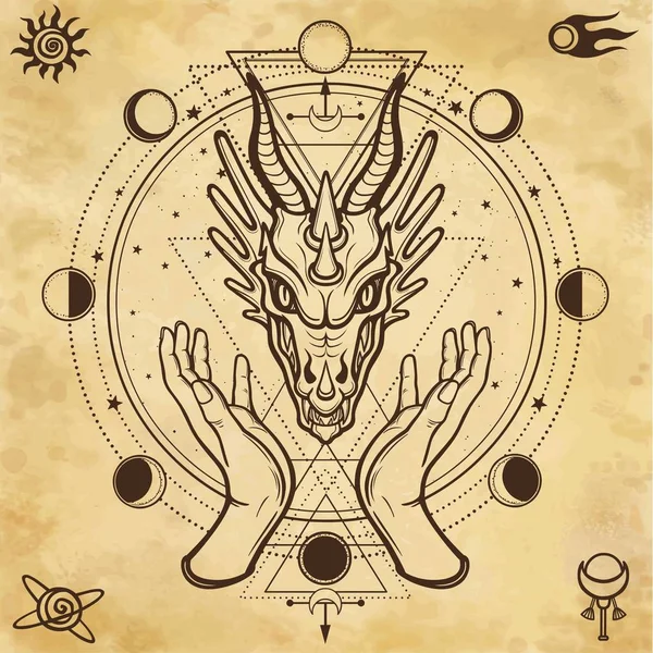 Мистический Рисунок Человеческие Руки Держат Голову Дракона Космические Символы Круговая — стоковый вектор