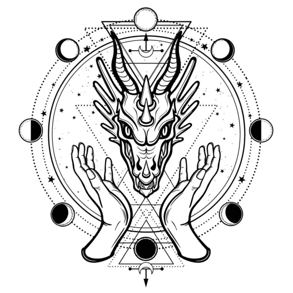 Mystische Zeichnung Menschliche Hände Halten Den Kopf Eines Drachen Leerzeichen — Stockvektor