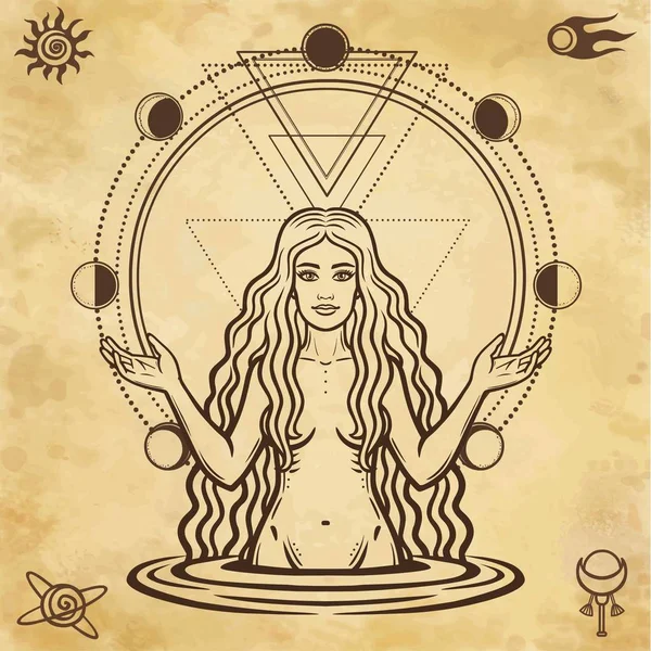 Mystisk Ritning Den Kvinnliga Gudinnan Cirkel Fasen Månen Magi Esoteriska — Stock vektor
