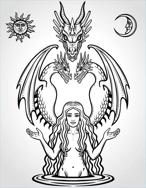 神秘的な描画 美しい女神は ドラゴンを保持しています オカルト おとぎ話 モノクロ ベクトル イラストレーションは 灰色の背景に分離されています プリント — ストックベクタ