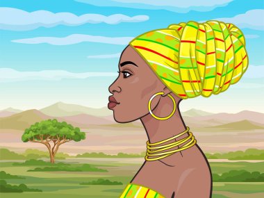 Afrika güzellik: sarı sarık ve altın takı güzel siyah kadın animasyon portresi. Profil görünümü. Arka plan - manzara savana, dağlar, akasya ağacı. Vektör çizimi