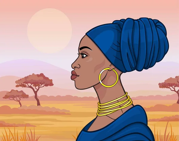 非洲美女 蓝色头巾和金色首饰的美丽黑人妇女的动画肖像 配置文件视图 景观的稀树草原 山茶树 矢量插图 — 图库矢量图片