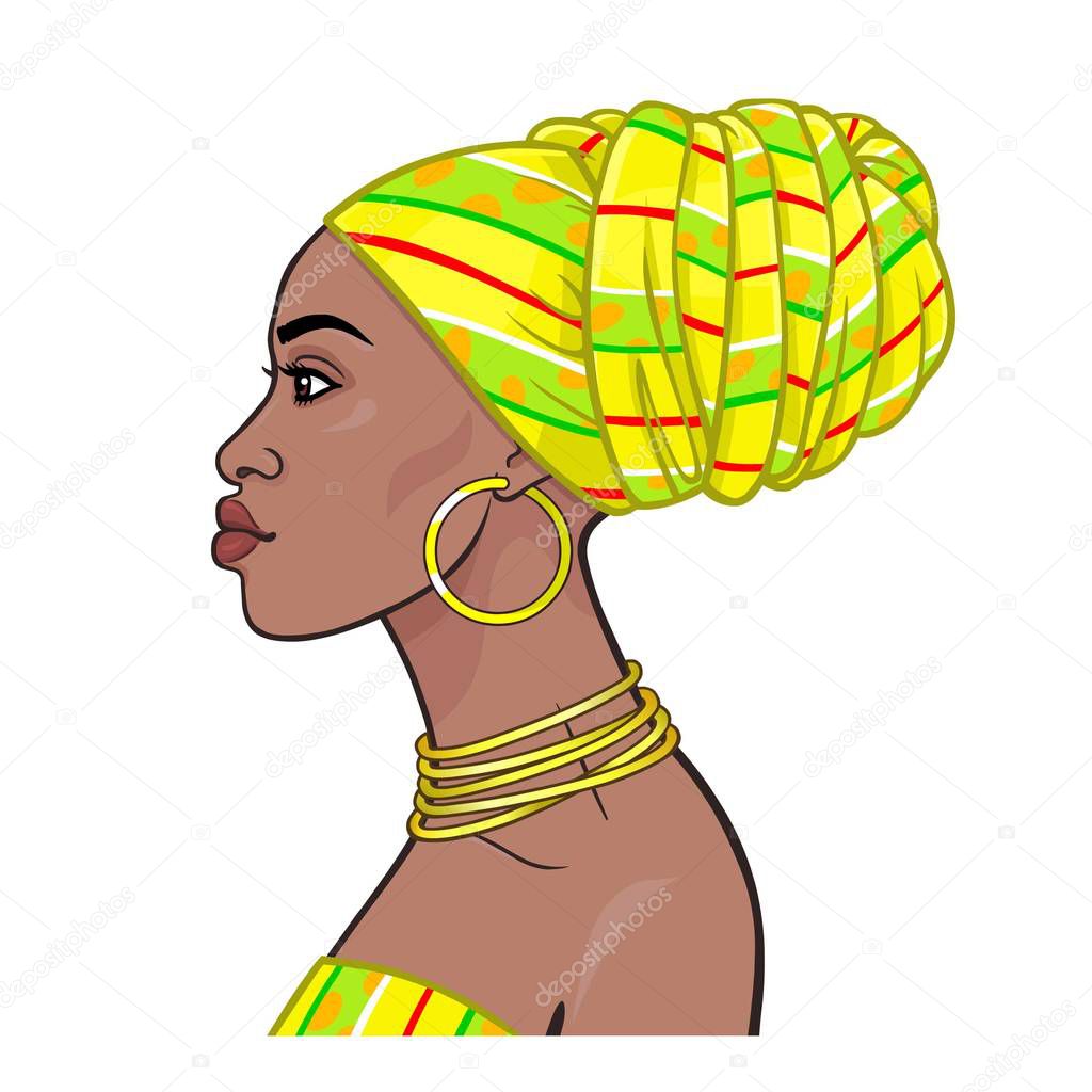 African beauty: animation portrait of the  beautiful black woman in a yellow turban. Profile view. Color drawing. Vector illustration isolated on a white background. Print, poster, t-shirt, card.