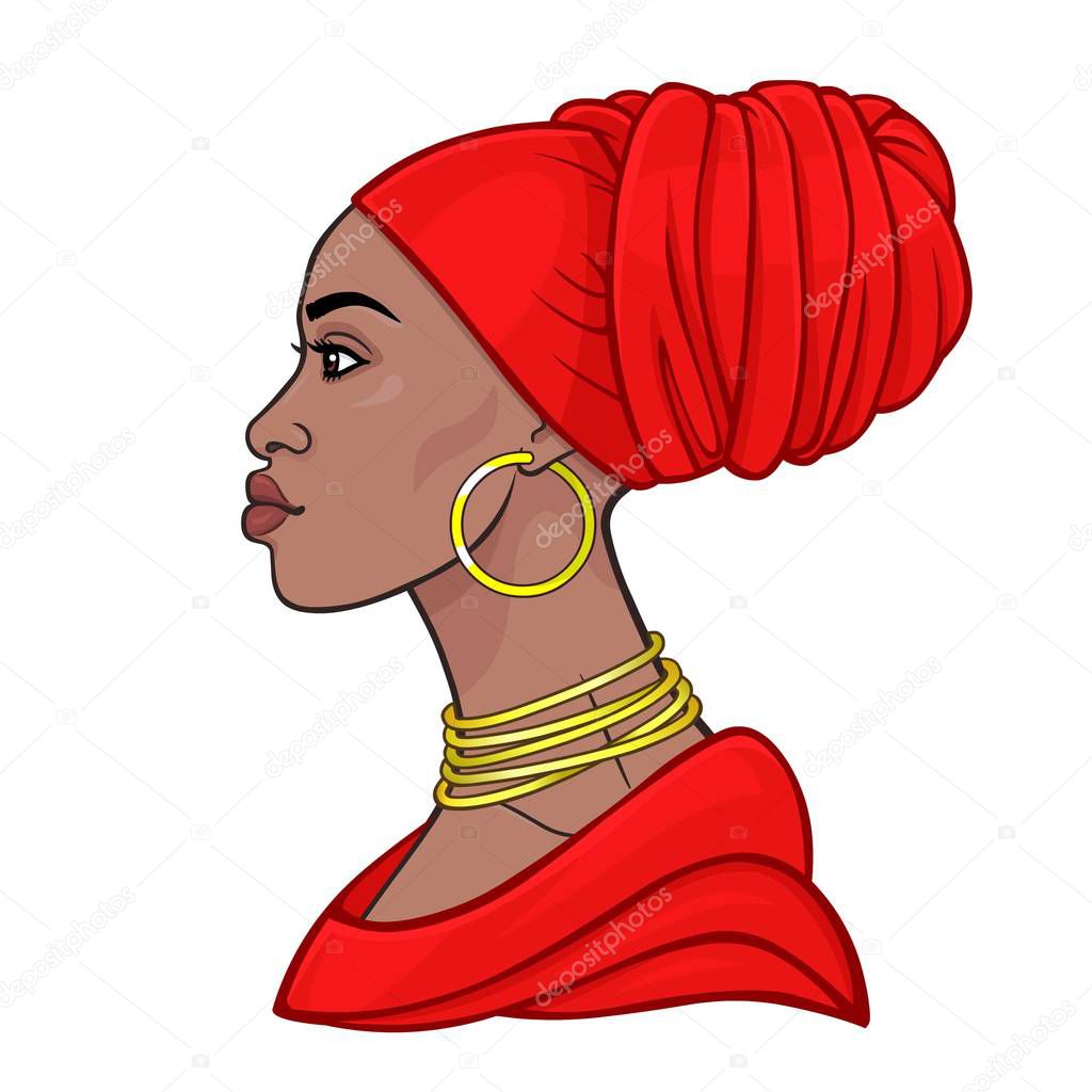 African beauty: animation portrait of the  beautiful black woman in a red turban. Profile view. Color drawing. Vector illustration isolated on a white background. Print, poster, t-shirt, card.
