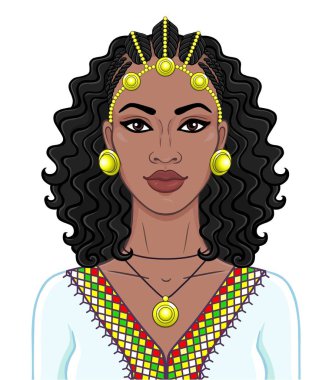 African beauty: animation portrait of the  beautiful black woman in a Afro-hair and gold jewelry. Color drawing. Vector illustration isolated on a white background. Print, poster, t-shirt, card. clipart