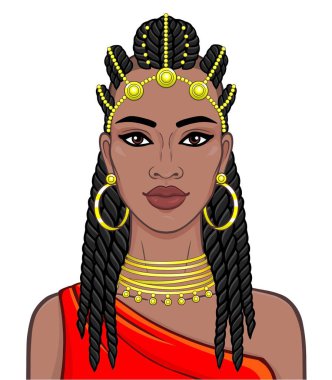 Afrika güzellik: bir Afro-saç ve altın takı güzel siyah kadın animasyon portresi. Renkli çizim. Vektör çizimi beyaz bir arka plan üzerinde yalıtılmış. Baskı, poster, t-shirt, kart.