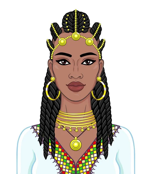 Afrikai Szépség Animáció Portréja Gyönyörű Fekete Egy Afro Haj Arany — Stock Vector