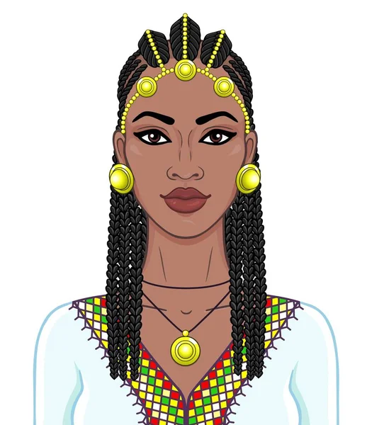 非洲美女 非洲头发和金色首饰中美丽的黑人女子的动画肖像 彩色绘图 在白色背景上隔离的矢量插图 印刷品 — 图库矢量图片