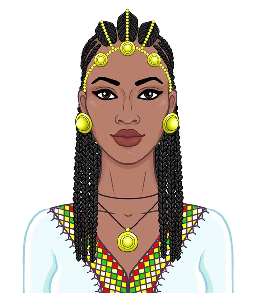 African Beauty Animation Portrait Beautiful Black Woman Afro Hair Gold — Stock Vector