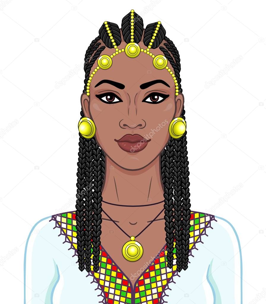 African beauty: animation portrait of the  beautiful black woman in a Afro-hair and gold jewelry. Color drawing. Vector illustration isolated on a white background. Print, poster, t-shirt, card.