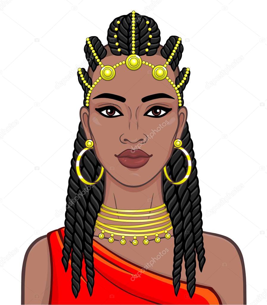 African beauty: animation portrait of the  beautiful black woman in a Afro-hair and gold jewelry. Color drawing. Vector illustration isolated on a white background. Print, poster, t-shirt, card.