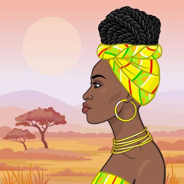 Afrika güzellik: bir türban ve altın takı güzel siyah kadın animasyon portresi. Profil görünümü. Arka plan - manzara savana, dağlar, akasya ağacı. Vektör çizimi