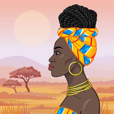 Afrika güzellik: bir türban ve altın takı güzel siyah kadın animasyon portresi. Profil görünümü. Arka plan - manzara savana, dağlar, akasya ağacı. Vektör çizimi