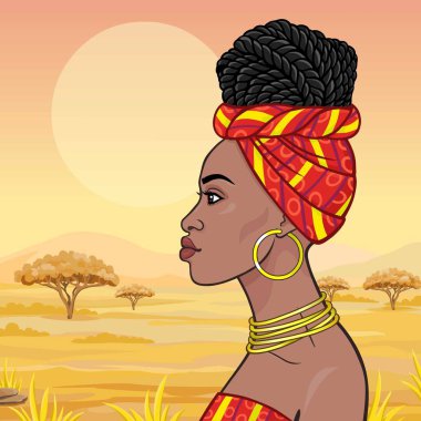 Afrika güzellik: bir türban ve altın takı güzel siyah kadın animasyon portresi. Profil görünümü. Arka plan - manzara savana, dağlar, akasya ağacı. Vektör çizimi