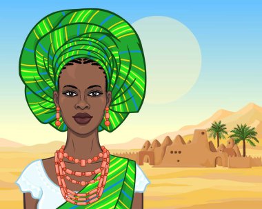 African beauty: animation portrait of the  beautiful black woman in a turban and ancient clothes and jewelry. Color drawing. Background - landscape the desert, old clay city. Vector illustration. clipart