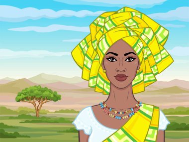 Afrika güzellik: bir türban ve antik giysiler ve takı güzel siyah kadın animasyon portresi. Renkli çizim. Arka plan - manzara savana, dağlar, akasya. Vektör çizimi.