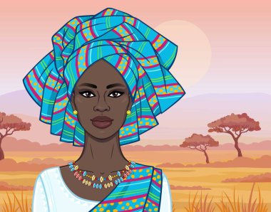Afrika güzellik: bir türban ve antik giysiler ve takı güzel siyah kadın animasyon portresi. Renkli çizim. Arka plan - manzara savana, dağlar, akasya. Vektör çizimi.