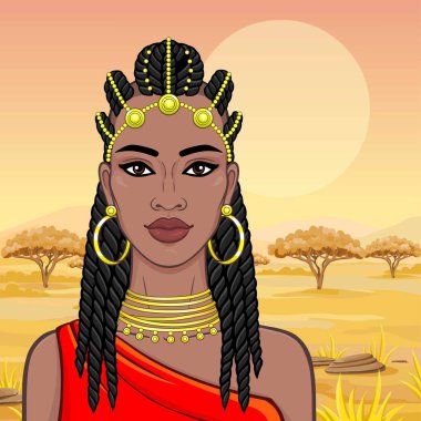 Afrika güzellik: bir Afro-saç ve altın takı güzel siyah kadın animasyon portresi. Renkli çizim. Arka plan - manzara savana, dağlar, akasya. Vektör çizimi.