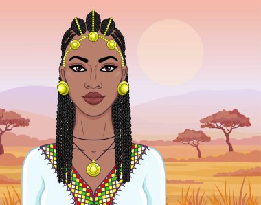 Afrika güzellik: Afro-saç ve altın takı güzel siyah kadın animasyon portresi. Renkli çizim. Arka plan - manzara savana, dağlar, akasya. Vektör çizimi. 