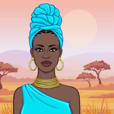 Afrika güzellik: mavi sarık ve altın takı güzel siyah kadın animasyon portresi. Renkli çizim. Arka plan - peyzaj savana, dağlar, akasya ağaçları. Vektör çizimi. 