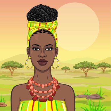 African beauty: animation portrait of the  beautiful black woman in a turban and ancient clothes and jewelry. Color drawing. Background - landscape savanna, mountains, acacia. Vector illustration. clipart