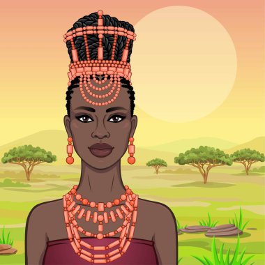 Afrika güzellik: geleneksel bir etnik takı güzel siyah kadının animasyon portresi. Prenses, Gelin, Tanrıça. Arka plan - manzara savana, dağlar, akasya. Vektör çizimi.