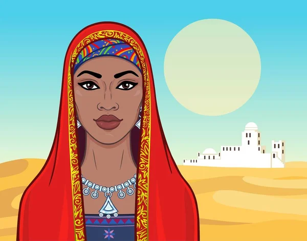 Африканская Красота Анимационный Портрет Красивой Черной Женщины Старинной Одежде Украшениях — стоковый вектор