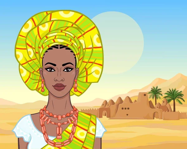 Afrikansk Skönhet Animation Porträtt Den Vackra Svarta Kvinnan Turban Och — Stock vektor