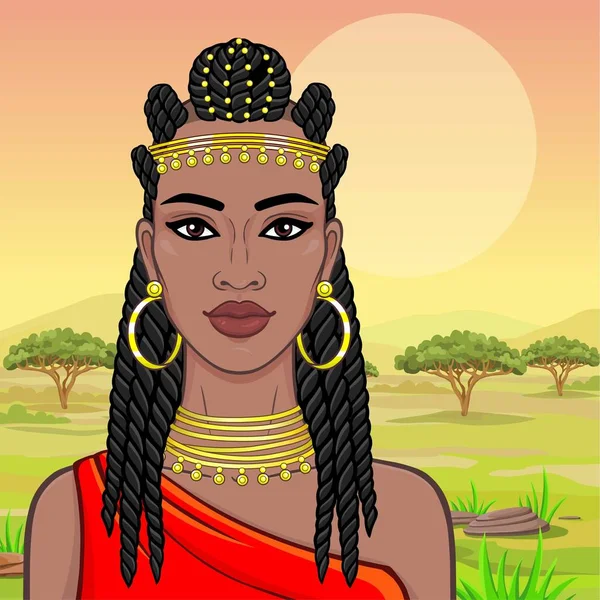 アフリカの美しさ アフロヘアと金の宝石で美しい黒人女性のアニメーションの肖像画 カラー描画 風景サバンナ アカシア ベクトルイラスト — ストックベクタ