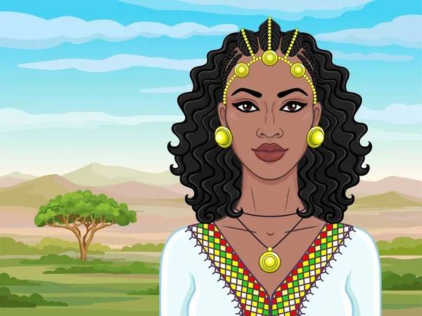 Afrikai Szépség Animációs Portré Gyönyörű Fekete Afro Hair Arany Ékszerek — Stock Vector