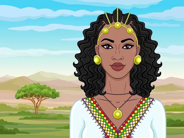 Afrikaanse Schoonheid Animatie Portret Van Mooie Zwarte Vrouw Afro Haar — Stockvector