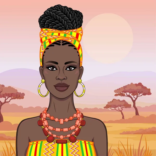 Bellezza Africana Ritratto Animazione Della Bella Donna Nera Turbante Vestiti — Vettoriale Stock