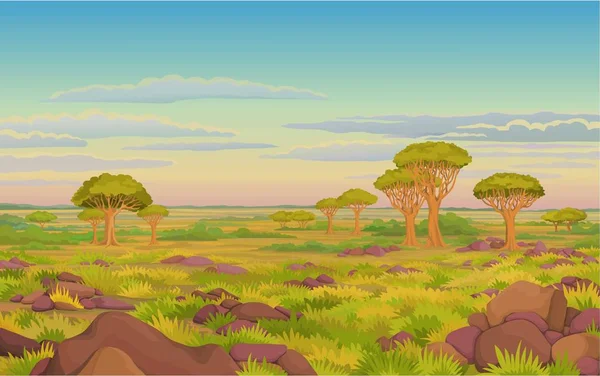 Animationslandschaft Afrikanisches Tal Drachenblutbäume Verdorrtes Gras Bewölkter Himmel Cartoon Hintergrund — Stockvektor