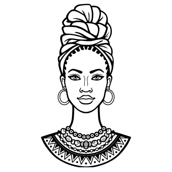 African Beauty Animation Portrait Beautiful Black Woman Turban Monochrome Drawing — Stock Vector