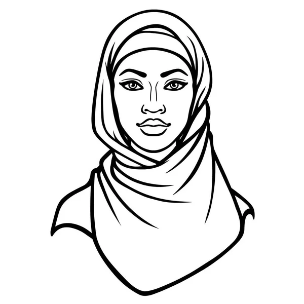 African Beauty Animation Portrait Beautiful Black Woman Hijab Monochrome Drawing — Stock Vector