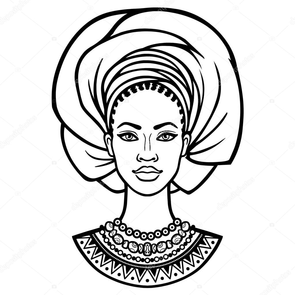 African beauty: animation portrait of the  beautiful black woman in a turban. Monochrome drawing. Vector illustration isolated on a white background. Print, poster, t-shirt, card.