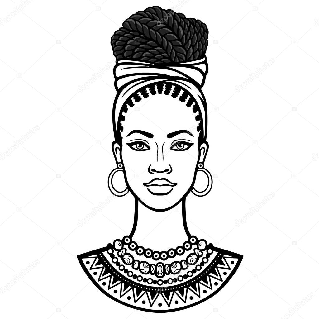 African beauty: animation portrait of the  beautiful black woman in a turban. Monochrome drawing. Vector illustration isolated on a white background. Print, poster, t-shirt, card.