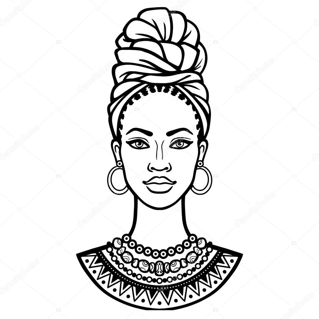 African beauty: animation portrait of the  beautiful black woman in a turban. Monochrome drawing. Vector illustration isolated on a white background. Print, poster, t-shirt, card.
