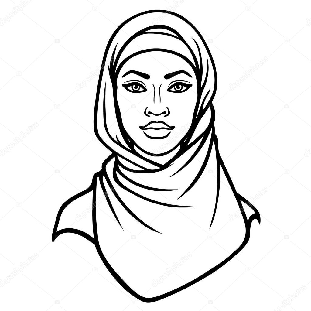 African beauty: animation portrait of the  beautiful black woman in a hijab. Monochrome drawing. Vector illustration isolated on a white background. Print, poster, t-shirt, card.