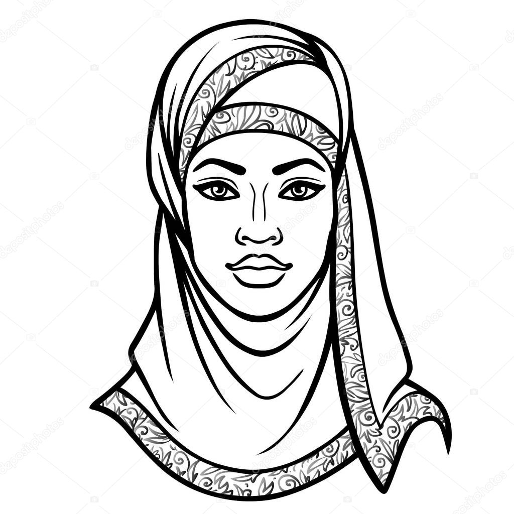 African beauty: animation portrait of the  beautiful black woman in a hijab. Monochrome drawing. Vector illustration isolated on a white background. Print, poster, t-shirt, card.