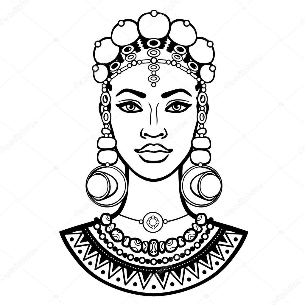 African beauty: animation portrait of the  beautiful black woman in ancient jewelry. Monochrome drawing. Vector illustration isolated on a white background. Print, poster, t-shirt, card.