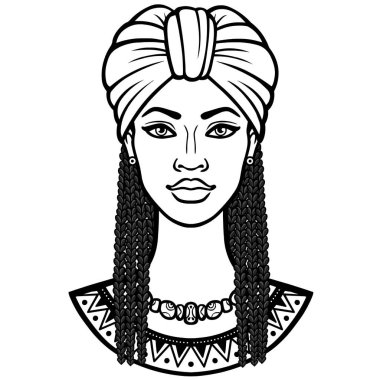 Afrika güzellik: bir türban ve Afro saçlı güzel siyah kadın animasyon portresi. Tek renkli çizim. Vektör çizimi beyaz bir arka plan üzerinde yalıtılmış. Baskı, poster, t-shirt, kart.