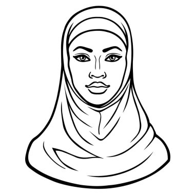 Afrika güzellik: bir hijab güzel siyah kadının animasyon portre. Tek renkli çizim. Vektör çizimi beyaz bir arka plan üzerinde yalıtılmış. Baskı, poster, t-shirt, kart.